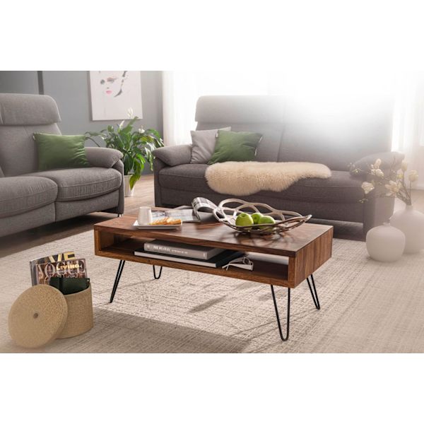 Rootz sofabord 100x40x50 cm Sheesham massivt træ - metal sofabord - Design sofabord rektangulært Massivt sofabord - Stort bord stue