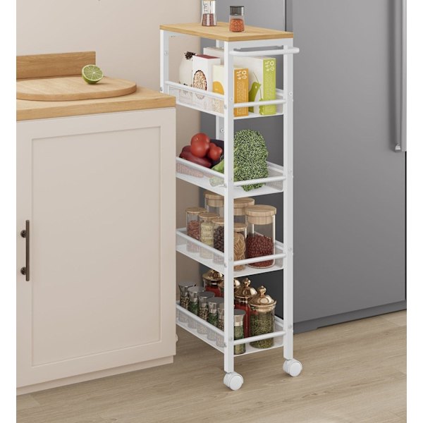 Rootz 5 Level Trolley - Rullvagn - Utility Cart - Spånskiva och stål - 22cm x 45,4cm x 99,6cm - Ek Vit - 4,5kg - 25kg Kapacitet