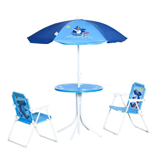 Rootz 4-delt børnemøbelsæt - Havebord - 2 klapstole - Parasol - Camping børnesædesæt - Havemøbler - Blå - Ø49,5 x 50H cm