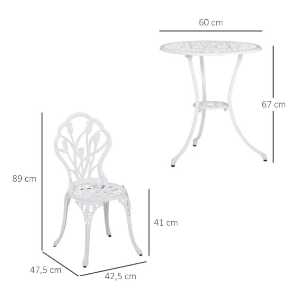 Rootz 3-delt havebordssæt - Bistrosæt - Bord - Stol - Udskåret trædesign - Aluminium - Hvid - Ø60 x 67H cm