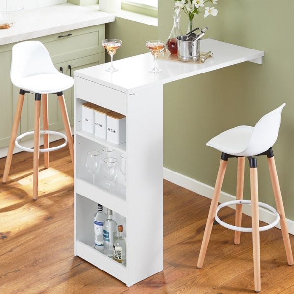 Rootz Justerbart Barbord - Spisebord - Vægmonteret bord - MDF Konstruktion - Pladsbesparende Design - Justerbar Højde - Nem montering - Hvid - 110cm x