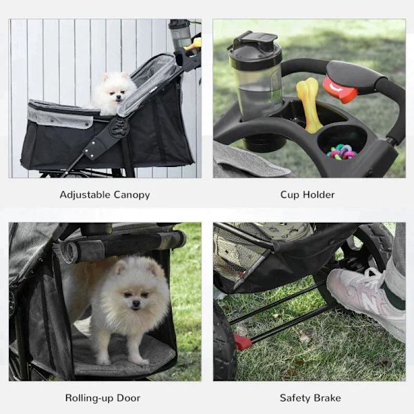 Rootz Dog Buggy - Cat Buggy - Hundvagn - Husdjursvagn med 3 hjul - Fällbar - Justerbar kapell - Oxford - Grå/Svart - 109,5 x 57,5 x 106,5 cm