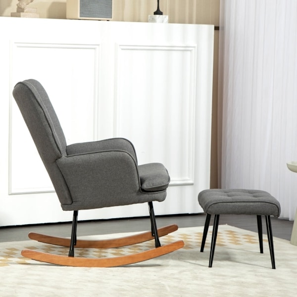 Rootz gyngestol med matchende fodskammel - Børnehavestol - Gliderstol - Mørkegrå - Polyester- og bøgetræ - 64cm x 89cm x 90cm