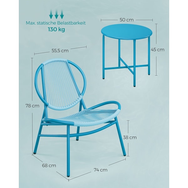 Rootz 3-delt sæt udendørsmøbler - Terrassesæt - Havestole - PE materiale - Pulverlakeret stål - Havblå - Stort bord - Letvægts - Nem montering - 50cm
