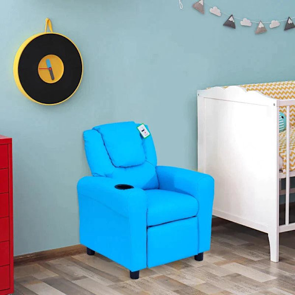 Rootz Barnfåtölj - Minifåtölj - Barnsoffa - Liggfåtölj - Liggfunktion - Inbyggd mugghållare - Blå - 62 x 52 x 69 cm