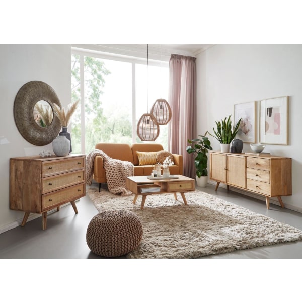 Rootz designskänk 140x75x40 cm massivt mangoträ - byrå med 3 lådor - Hög byrå av massivt trä - Ståskåp vardagsrum - 2 dörrfack