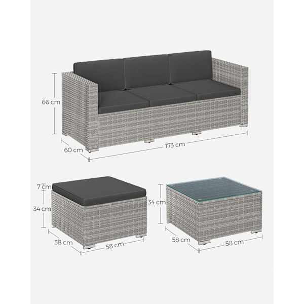 Rootz 4-delad utemöbler set - Trädgårdsset - Rottingsoffa - Patio Lounge - PE polyetenmaterial - VFT-kuddar - 173cm x 60cm x 66cm