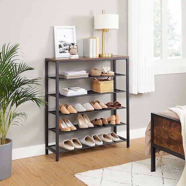 Rootz kenkäteline - Kenkäkaappi - 5 tasoa - Sivukaappi - 20 paria kenkiä - Metallirunko - Käytävän kaappi - 100 x 30 x 100 cm - Teollisuus - Ruskea -