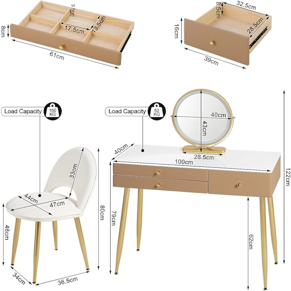 Rootz justerbart sminkbordsset - Sminkbord - Sminkbord - LED-spegel - Ergonomisk pall - Gott om förvaring - 100 cm x 122 cm x 40 cm