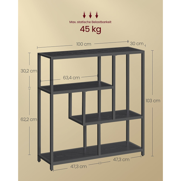 Rootz reol med 4 hylder - Ibenholtsort - Blæksort - Spånplade og stålmateriale - 30 cm x 100 cm x 103 cm - Letvægts - Robust