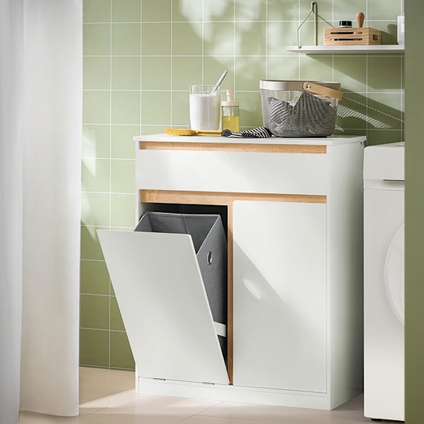 Rootz vaskeskab med vaskepose - Vasketøjsopsamler - Badeværelsesmøbler - MDF og gummitræ - Vippebeskyttelse - Fleksibel opbevaring - 71cm x 33cm x 85c