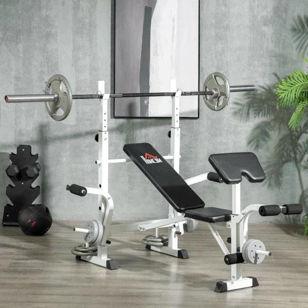 Rootz Vægtbænk med vægtstativ - Brystpress - Benpress - Armlæn til Bicep Curls - Stål - Sort og hvid - 180L x 134W x 113-136H cm