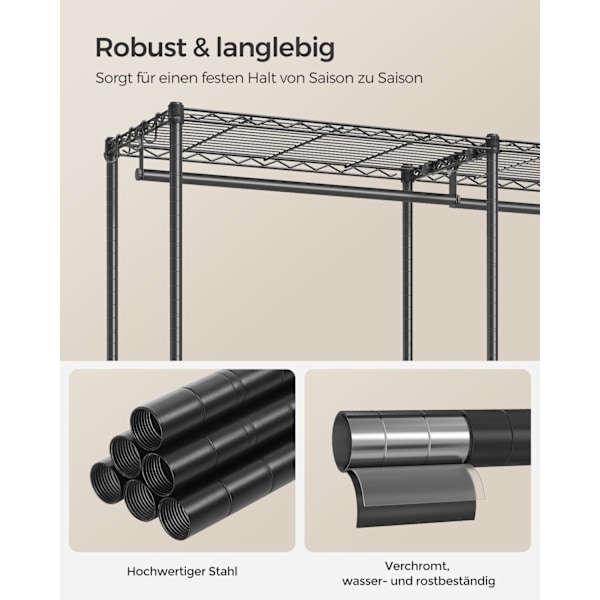 Rootz Steel Tøjstativ - Beklædningsstativ - Garderobeholder - Heavy Duty - Blæk sort - 40 cm x 175 cm x 180 cm