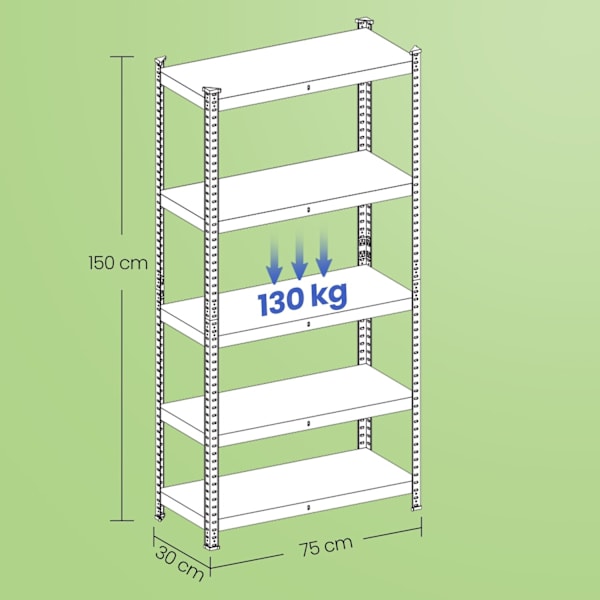 Rootz Stand Shelf - Boghylde - Lagerhylde - Robust stålramme - 30 cm x 75 cm x 150 cm