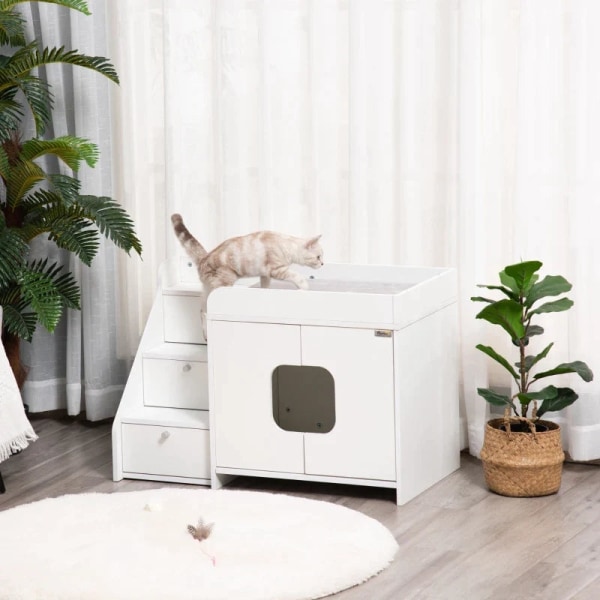 Rootz Cat Cabinet For Cat - Toalett kattlåda med 3 trappsteg - Katthus - Kattgrottor - Kattskåp för katt - Säng med dörröppning - Vit - 90 x 48 x 59 c