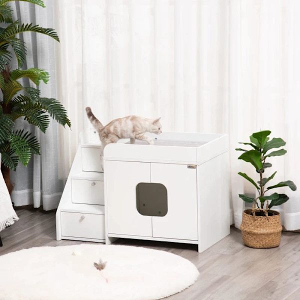 Rootz Katteskab til kat - Toilet kattebakke med 3 trappetrin - Kattehus - Kattehuler - Katteskab til kat - Seng med døråbning - Hvid - 90 x 48 x 59 cm
