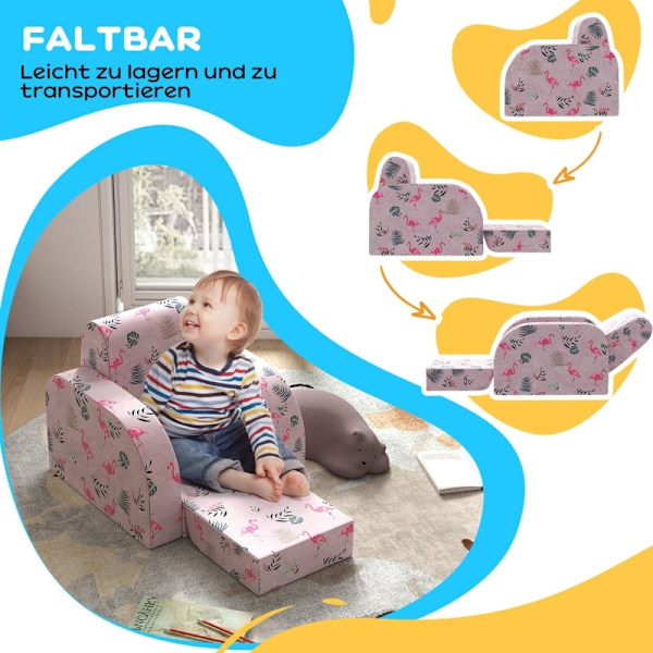 Rootz Kids Flamingo Fåtölj - Barnsoffa - Transformerande sits - Hopfällbar säng - Mysigt överdrag - Bärbar design - 46,5 cm x 93 cm x 28,5 cm