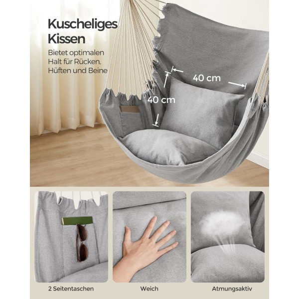 Rootz Hængestolesæt - Gyngestol - Hængekøjestol - Polyester-bomuldsblanding - Stålstang - Duegrå - 140 cm x 150 cm x 128 cm - 3,4 kg - 150 kg Kapacite