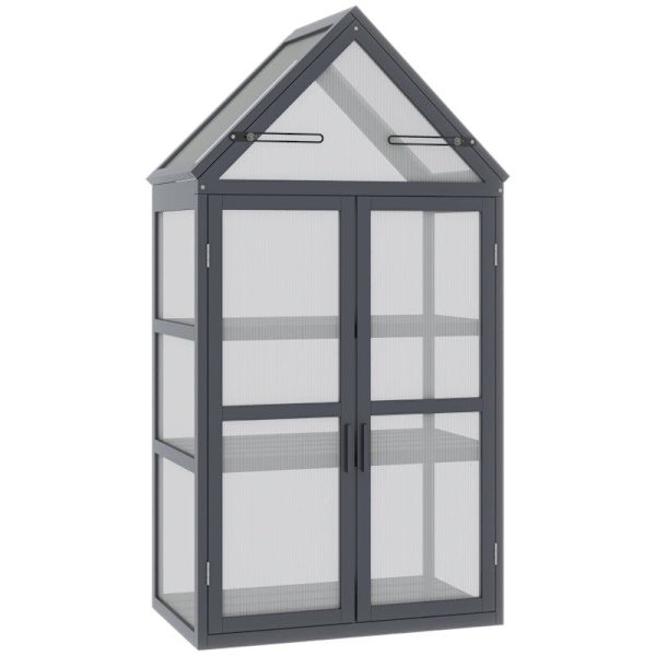 Rootz Drivhus - Drivhus med 3 hylder - Massivt træ - Polycarbonathus - Grå - 70,5 x 42 x 132 cm