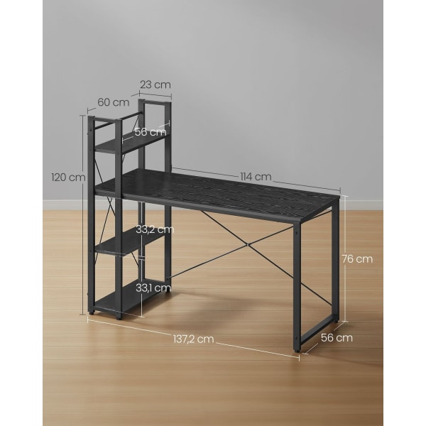 Rootz Ebony Black Skrivebord - Studiebord - Skrivebord - Spånplade og stål - Stor overflade - Nem montering - Robust konstruktion - 56cm x 137cm x 120