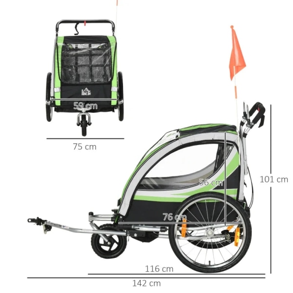 Rootz 2-i-1 cykeltrailer - Til 2 børn - Glidefunktion - Regnslag - Bremse - Oxford stof - Grøn + Sort - 142cm x 75cm x 101cm
