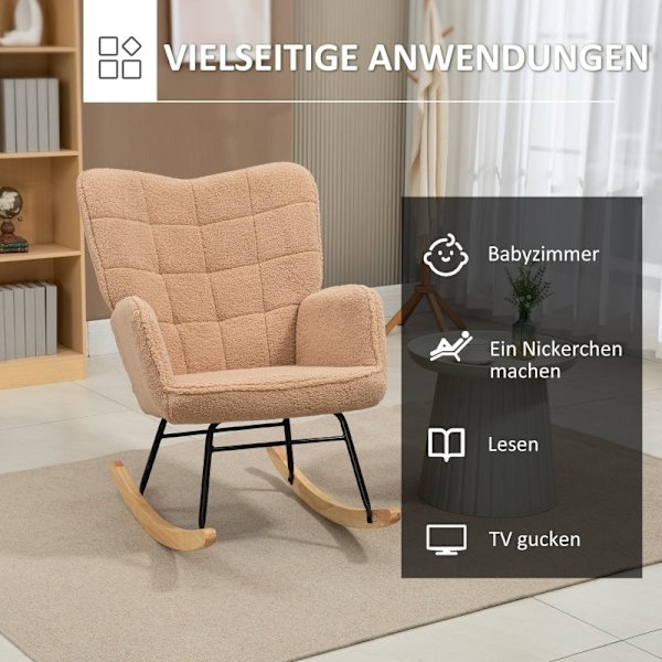 Rootz Retro gyngestol i massivt træ - Hvilestol - Afslapningsstol - Elegant design - Buede træløbere - Tyk polstring - 92 cm x 71 cm x 101 cm - Brun