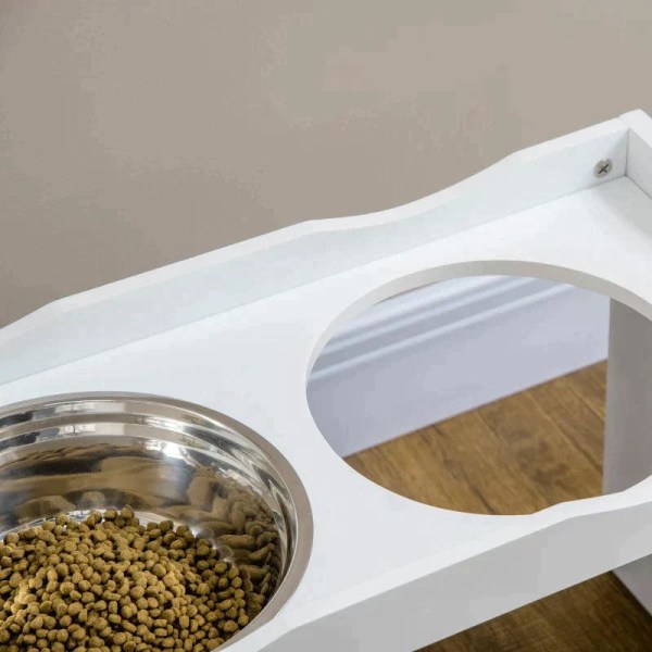 Rootz foderstation - Skålställ - Hundfoderstation - 2 foderskålar - För stora hundar - Rostfritt stål/MDF - Vit - 63 x 30 x 24cm