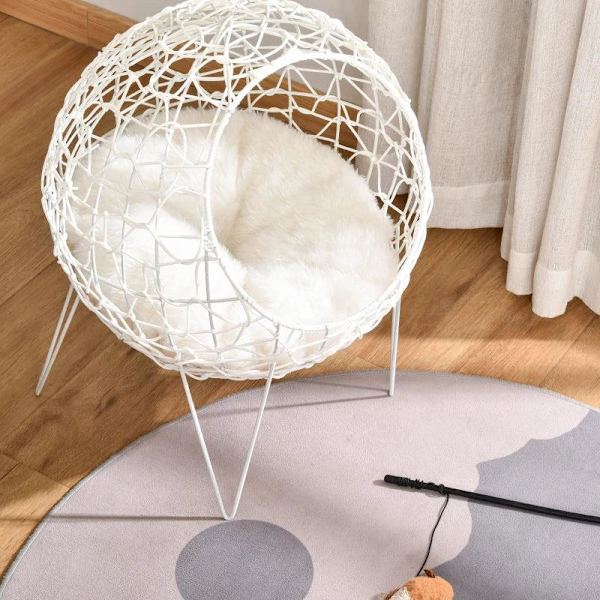 Rootz Rattan Kattekurv - Kattehule - Kattehytte - Katteseng med pude - Forhøjet design - Dyreseng - Cremehvid - Ø45 x 57H cm