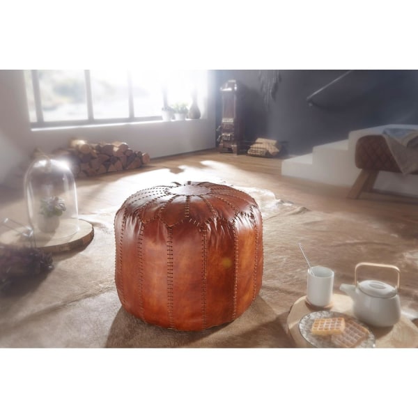 Rootz Pouf - Nahkapussi - Aitoa nahkaa - Jakkara - Verhoiltu täkki - Pyöreä pussi - 52 x 40 x 52 cm - Ruskea