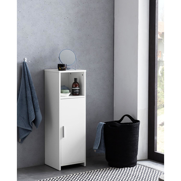 Rootz skab 30 x 95,5 x 30 cm hvidt træ med dør og opbevaringsrum Lille badeværelsesskab sideskab stående - Badeværelseshylde smal fritstående badevære