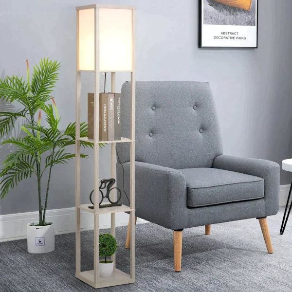 Rootz Gulvlampe - Ståhylde - 3 hylder - Indvendig belysning - Stuelampe - Eg/Hvid - 26 x 26 x 160 cm