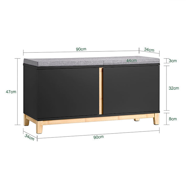 Rootz-kenkäpenkki pehmustetulla istuimella - Sisääntulopenkki - Säilytysjärjestelmä - Säädettävät hyllyt - Kestävät bambujalat - 90cm x 47cm x 34cm