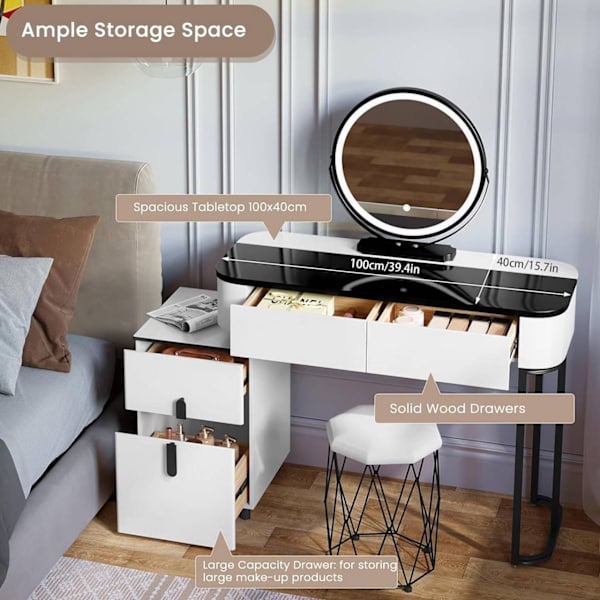 Rootz Deluxe Sminkbordsset - Sminkbord med pall - Sminkbord - Justerbar LED-spegel - Gott om förvaring - Mångsidig design - 100 cm x 125 cm x 40 cm
