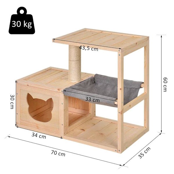 Rootz Cat House - Cat House with Hammock - Cat Cave - Cat Tree - Cat Activity Center - Gran Wood - Naturlig - 70 x 35 x 60 cm