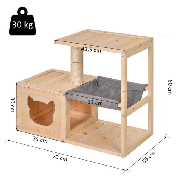 Rootz Cat House - Kissan talo riippumatolla - Kissaluola - Kissapuu - Kissan toimintakeskus - Kuusi - Luonnollinen - 70 x 35 x 60 cm