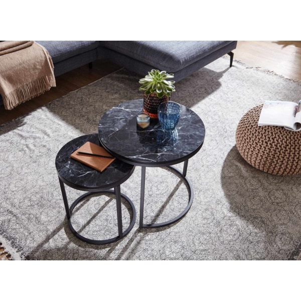 Rootz design sidobord set om 2 svart marmor ser runt - Soffbord 2-delad metallram - Små vardagsrumsbord - Moderna häckbord