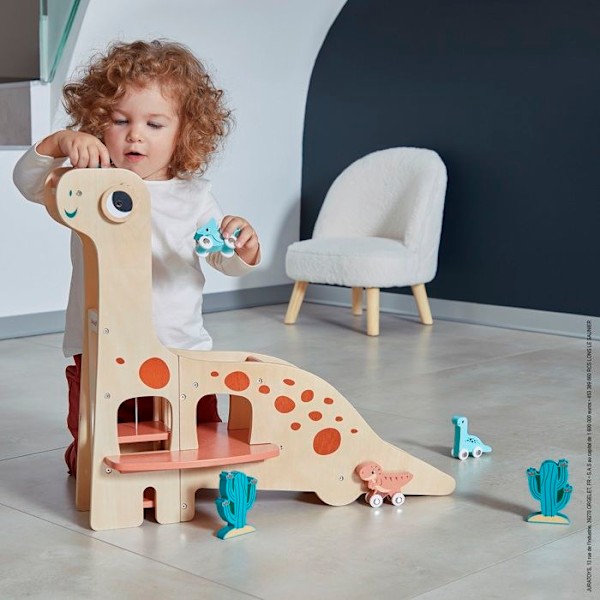 Garage Dino Diplodocus - JANOD - FSCTM träleksak - 4 Dinos och 2 kaktusar Flerfärgad