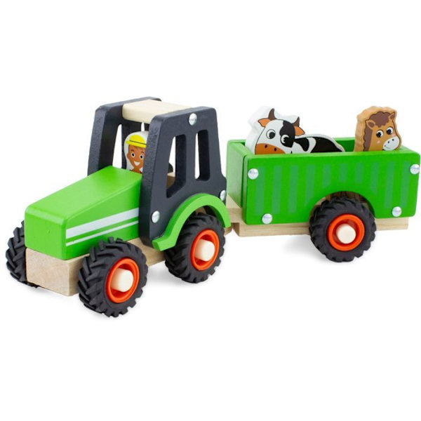 Träleksak - Ulysse - Grön traktor och släp - 3 figurer - Gummihjul - 12 månader och uppåt Grön