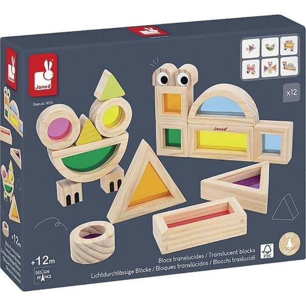 Sensorisk leg - Janod - Translucente sensoriske blokke - 18 dele - 12 geometriske former - 6 trykte blokke beige