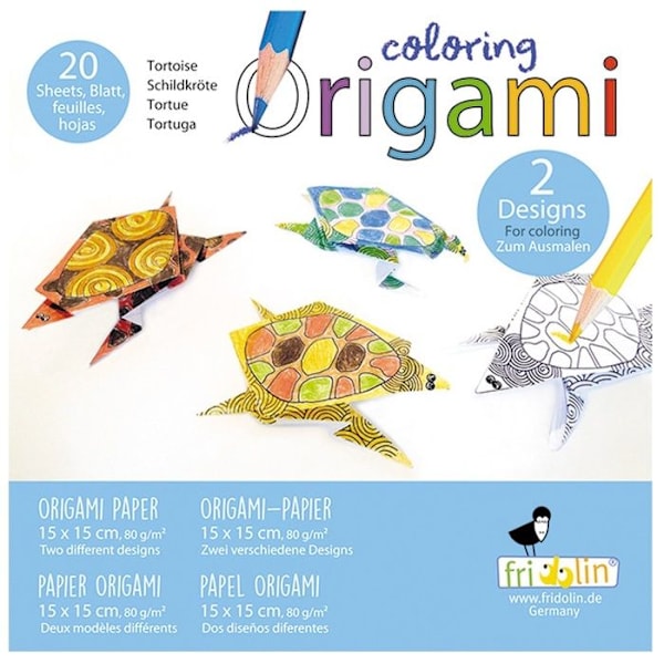 Kit Origami - Fridolin - Sköldpadda - 20 Ark - 15x15 cm - För Barn att Färglägga Blå