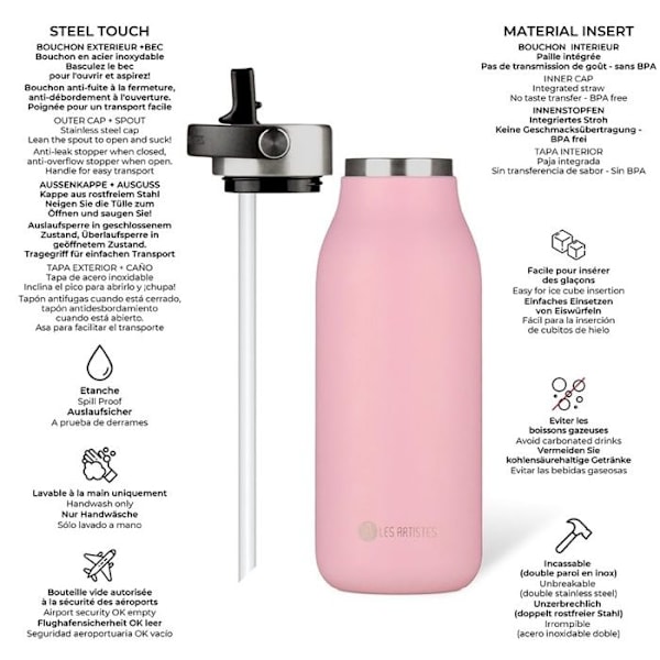 Gourde - Pariisin taiteilijat - Pullo 2.0 - Ruostumaton teräs - 1000ml - Magnolian vaaleanpunainen Magnolia