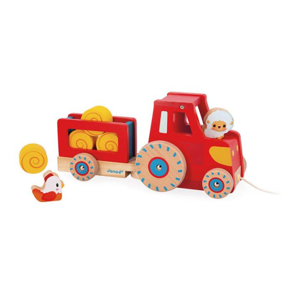 Dragtraktor - Early Learning Toy - 1 traktor + 6 tillbehör - Silent Wheels - FSC Wood - Från 12 månader