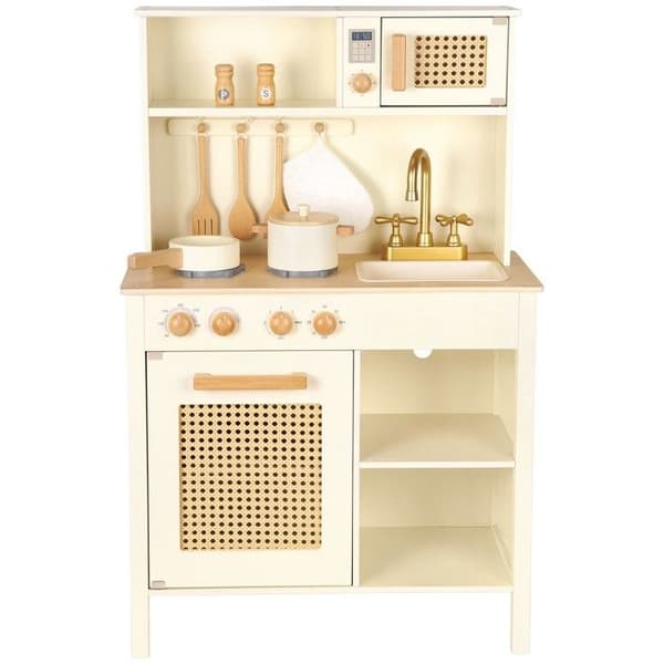 Köksleksak - NYA KLASSISKA LEKSAKER - Trä- och rottingkök - 2 spisbord - 1 ugn - 1 diskho beige