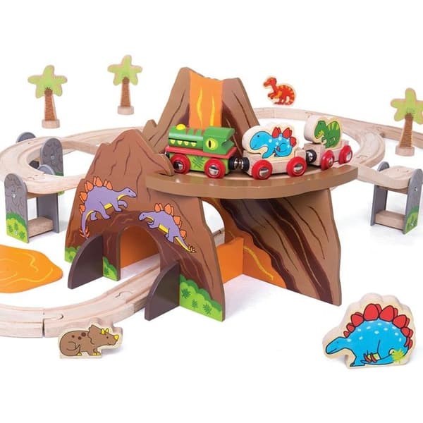 BigJigs Legetøj - Modeller - Dinosaur Theme Train Track - Garage - Togstation - Lufthavn - Havn - Hus - Bygning Flerfärgad