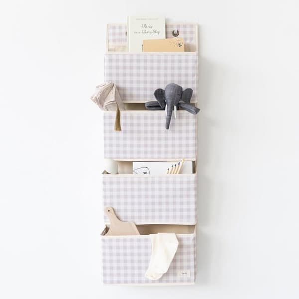 Seinähylly - 3 SPROUTS - Vichy beige - Ripustetaan ilman porausta - 4 suurta taskua - Kierrätetty polyesteri beige