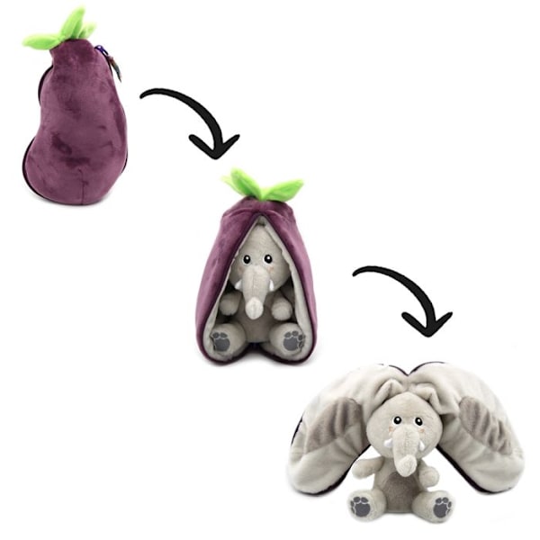 Plyschleksak - Les Déglingos - Flipetz Elephant Aubergine - 2 i 1 - Tvättbar - 13x10x24 cm Lila