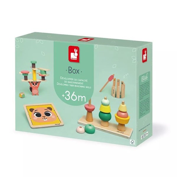 Toy - JANOD - Box 36 månader - Base, skicklighetsspel, klockspel och känslorpussel