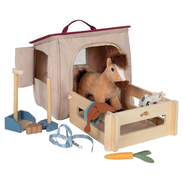 Spil sæt med hest, stald og tilbehør i en taske beige