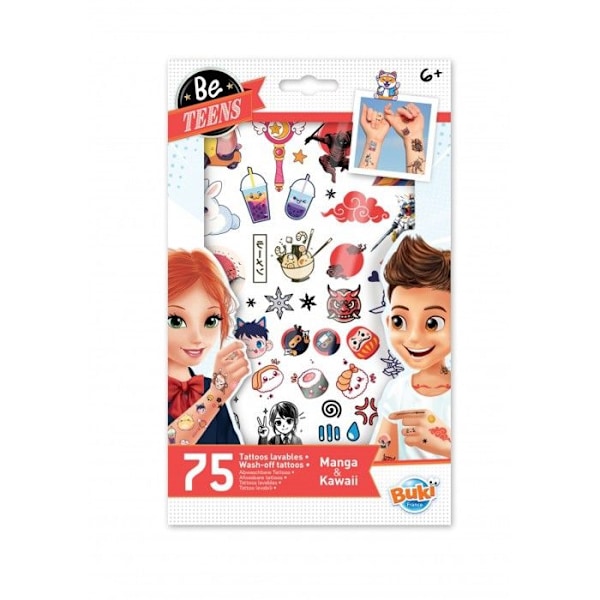 Tilapäiset tatuoinnit - Buki Ranska - 75 Kawaii-tatuointia - Vesiliukoisia - Lapsille - Sekä tytöille että pojille Vit