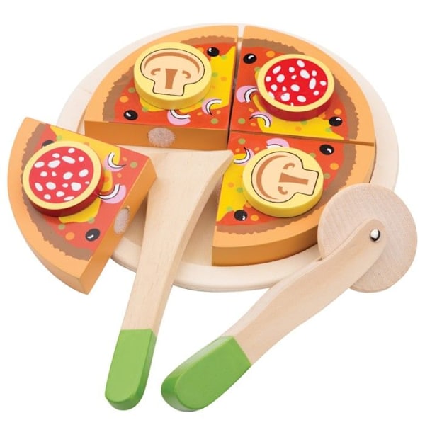 Nya klassiska leksaker - Trä pizza salami att skära Beige